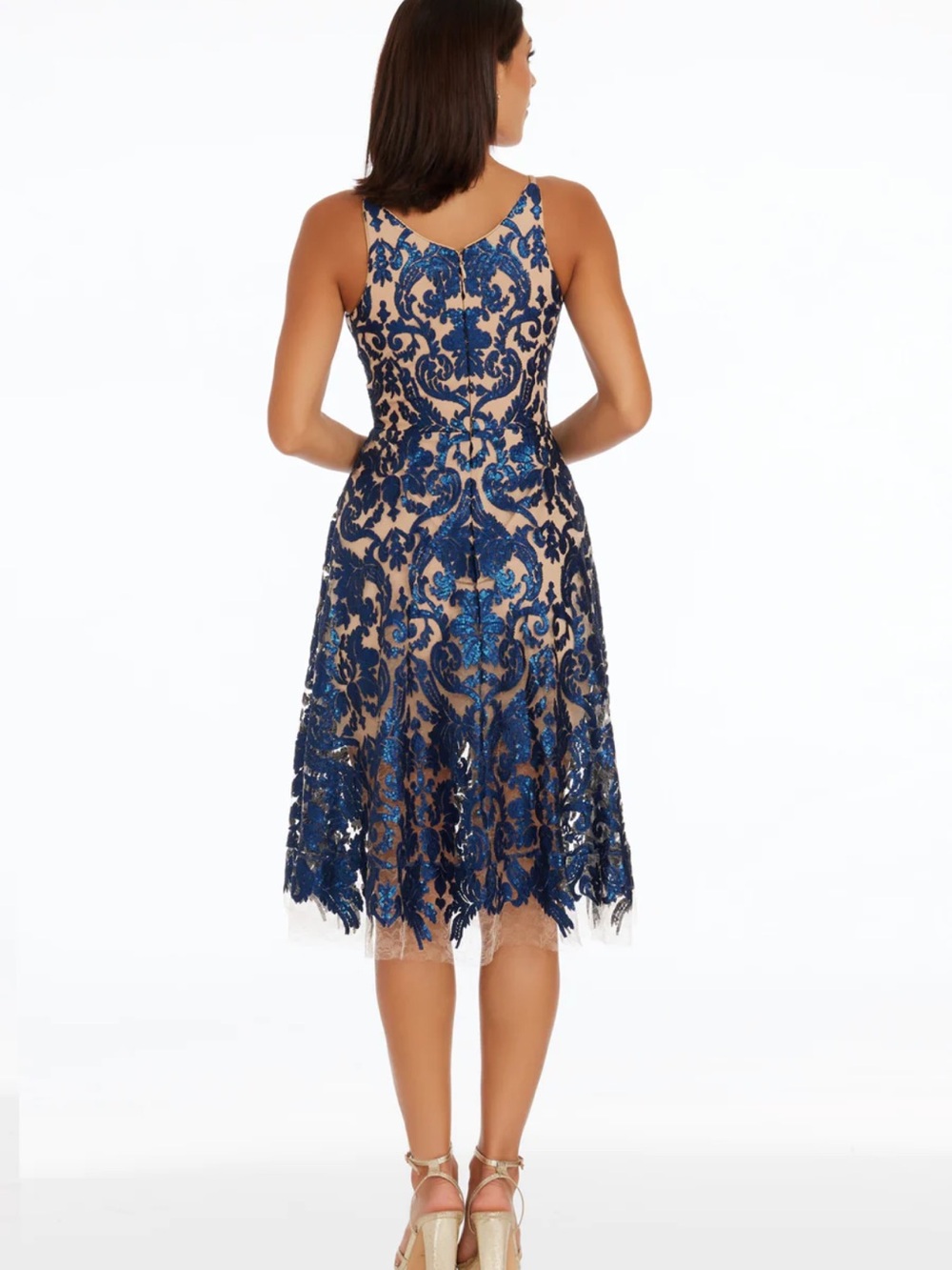 Dress The Population Navy Nude Blair Sequins Cocktail Midi Dress Size Small - Picture 11 of 11
